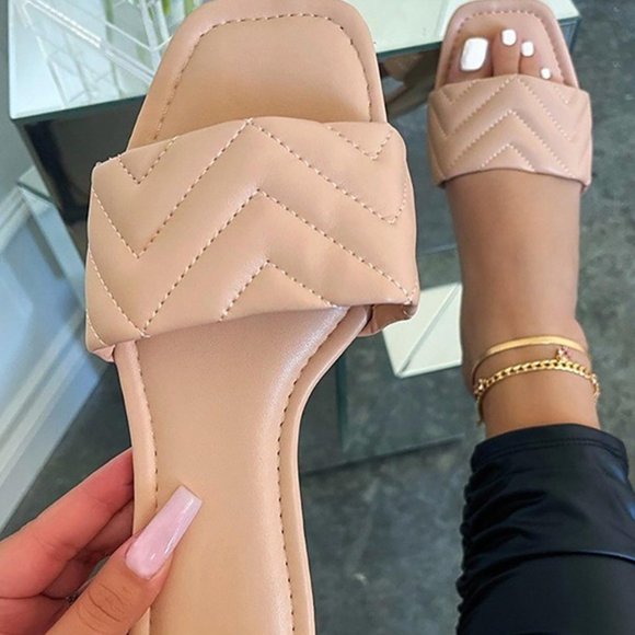 Shoes - Quilted Square Toe Slide Flat Sandals